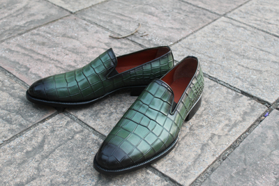  Crafted Leather Classic Handmade Men Green Crocodile/Alligator Loafers Dress Shoes