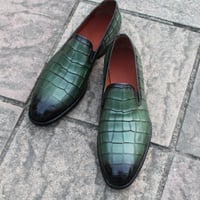  Crafted Leather Classic Handmade Men Green Crocodile/Alligator Loafers Dress Shoes - Thumbnail 2