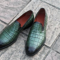  Crafted Leather Classic Handmade Men Green Crocodile/Alligator Loafers Dress Shoes - Thumbnail 1