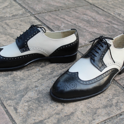 Crafted leather classic black beige oxford wingtip dress shoes - Thumbnail 4