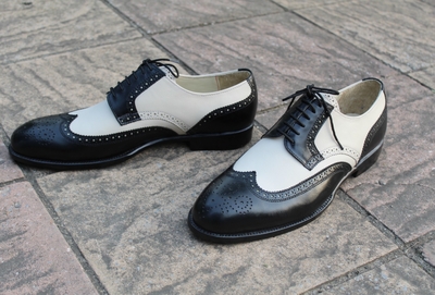 Crafted Leather Classic Black Beige Oxford Wingtip Dress Shoes