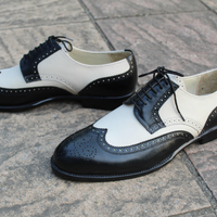 Crafted Leather Classic Black Beige Oxford Wingtip Dress Shoes - Thumbnail 1