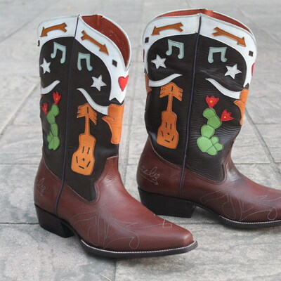 Crafted leather brown leather men cowboy pointed toe fancy long western boot 