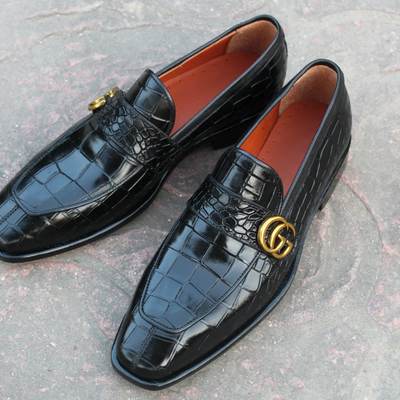 Crafted leather handmade men's classic back crocodile/alligator dress shoes - Thumbnail 4