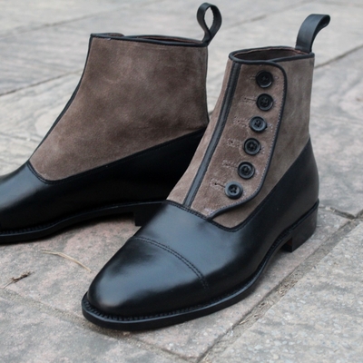 Crafted leather handmade mens black calf gray suede leather ankle high button boot - Thumbnail 5