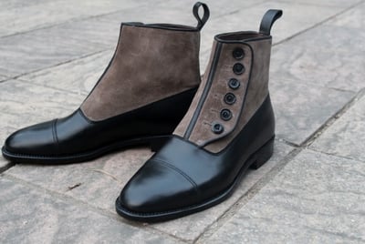 Crafted Leather Handmade Mens Black Calf Gray Suede Leather Ankle High Button Boot