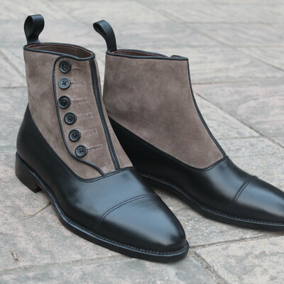 Crafted leather handmade mens black calf gray suede leather ankle button boot
