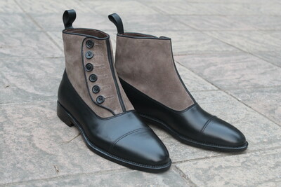 Crafted Leather Handmade Mens Black Calf Gray Suede Leather Ankle Button Boot