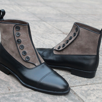 Crafted Leather Handmade Mens Black Calf Gray Suede Leather Ankle Button Boot - Thumbnail 1