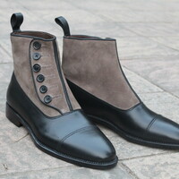 Crafted Leather Handmade Mens Black Calf Gray Suede Leather Ankle Button Boot - Thumbnail 2