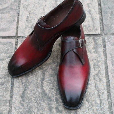 Crafted leather mens burgundy leather monk strap dress shoes - Thumbnail 5