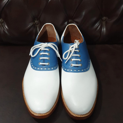 Crafted leather blue white leather handmade mens dress shoes - Thumbnail 5