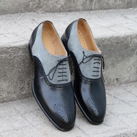 Crafted Leather Classic Black Calf Gray Suede Leather Dress Shoes - Thumbnail 2