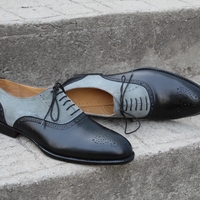 Crafted Leather Classic Black Calf Gray Suede Leather Dress Shoes - Thumbnail 1