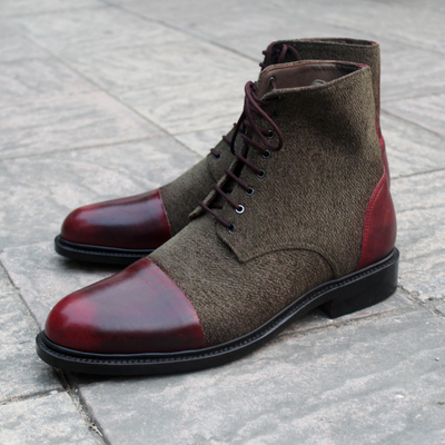 Crafted leather brown and tweed leather handmade men ankle high lace up boot - Thumbnail 5