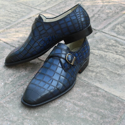 crafted leather handmade men blue crocodile texture leather monk strap shoes 