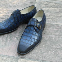  Crafted Leather Handmade Men Blue Crocodile Texture Leather Monk Strap Shoes  - Thumbnail 2