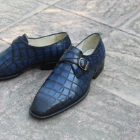  Crafted Leather Handmade Men Blue Crocodile Texture Leather Monk Strap Shoes  - Thumbnail 3