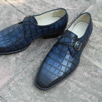  Crafted Leather Handmade Men Blue Crocodile Texture Leather Monk Strap Shoes  - Thumbnail 4