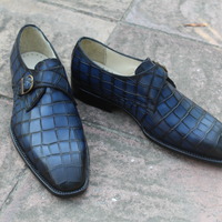 Crafted Leather Handmade Men Blue Crocodile Texture Leather Monk Strap Shoes  - Thumbnail 5