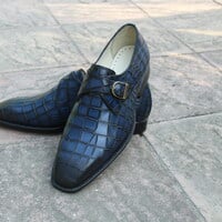  Crafted Leather Handmade Men Blue Crocodile Texture Leather Monk Strap Shoes  - Thumbnail 6