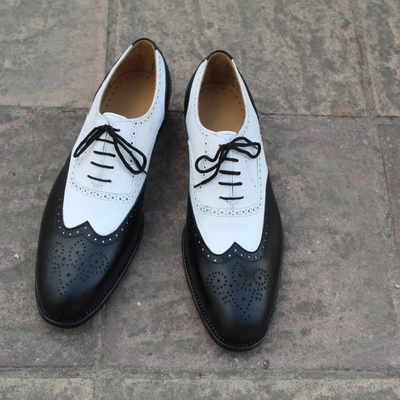  crafted leather handmade men black white calf leather dress wingtip lace up shoes 