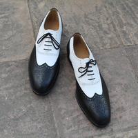  Crafted Leather Handmade Men Black White Calf Leather Dress Wingtip Lace up Shoes  - Thumbnail 6