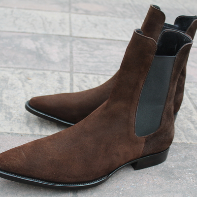 Crafted leather classic brown suede leather men pointed toe chelsea boot