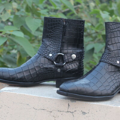 Crafted leather handmade men's black crocodile high ankle jodhpurs boot