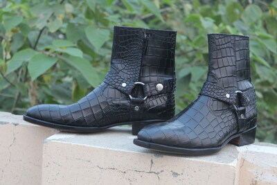 Crafted Leather Handmade Men's Black Crocodile High Ankle Jodhpurs Boot