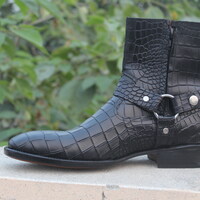 Crafted Leather Handmade Men's Black Crocodile High Ankle Jodhpurs Boot - Thumbnail 3