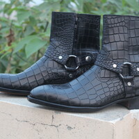 Crafted Leather Handmade Men's Black Crocodile High Ankle Jodhpurs Boot - Thumbnail 4