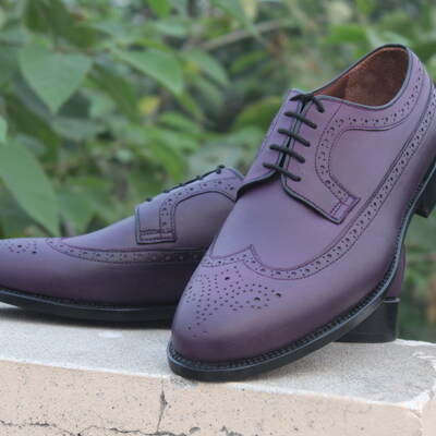 Crafted leather classic purple leather wingtip oxford dress shoes - Thumbnail 5