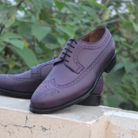 Crafted Leather Classic Purple Leather Wingtip Oxford Dress Shoes - Thumbnail 3