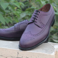 Crafted Leather Classic Purple Leather Wingtip Oxford Dress Shoes - Thumbnail 4