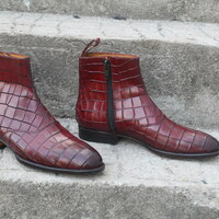 Crafted Leather Classic Dress Shoes Brown Crocodile Alligator Leather Ankle High Jodhpur Boot - Thumbnail 1