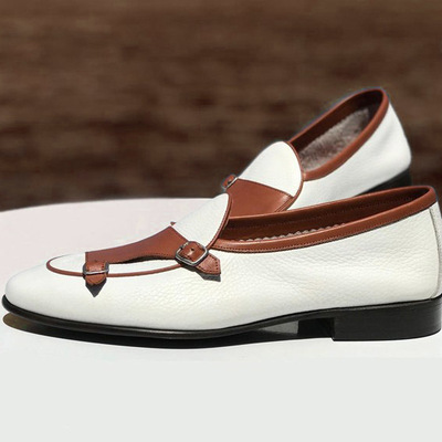 Handmade men's white leather double buckle dress formal shoes