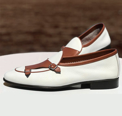 Handmade Men's White Leather Double Buckle Dress Formal Shoes
