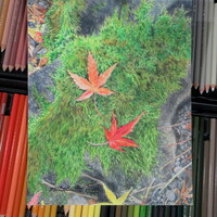 "Fallen Leaves On A Mossy Rock" Original Realism Drawing By N.E.Thompson, Artwork Size 8x10 Inches - Thumbnail 1
