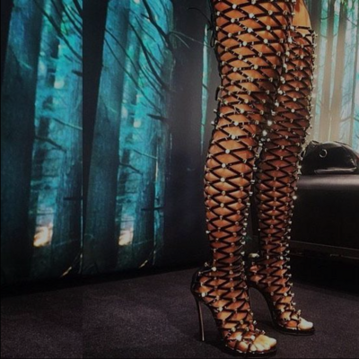 Cut out rivets open toe stiletto high heels over-knee boot sandals