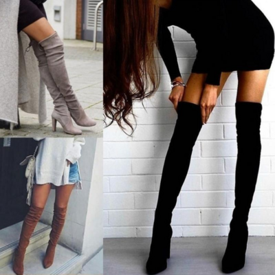 Pointed toe suede solid high chunky heels over-knee long boots