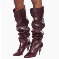 Leather Point Toe Fold High Heel Knee High Boots - Thumbnail 1