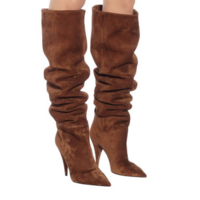 Leather Point Toe Fold High Heel Knee High Boots - Thumbnail 4