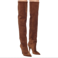 Leather Point Toe Fold High Heel Knee High Boots - Thumbnail 5