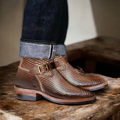Men's ankle high brown python texture boot,hanmdade double monk boot