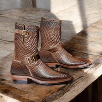 Men's Ankle High Brown Python Texture Boot,Hanmdade Double Monk Boot - Thumbnail 1