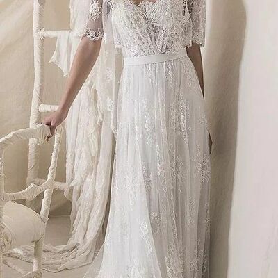 Elegant a line lace appliques beach boho wedding dress bridal gowns  - Thumbnail 1