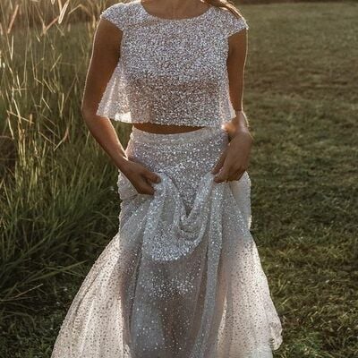 Simple two pieces sequins lace beach boho wedding dress bridal gowns  - Thumbnail 2