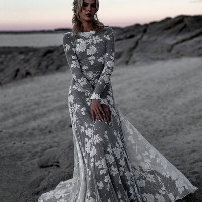 Elegant dark grey lace long sleeve beach boho wedding dress bridal gowns  - Thumbnail 2
