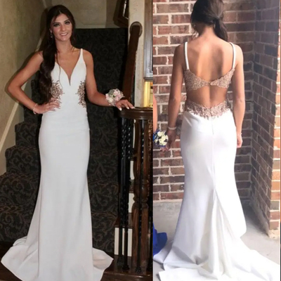  V Neck White Prom Dresses Slit with Gold Appliques